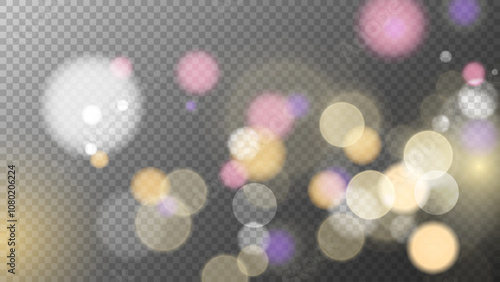 Vibrant bokeh lights. Abstract blurred overlay design. Transparent background. Bright blur light effect.  Vector illustration.