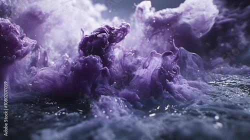 Purple ink flowing in water, creating beautiful shapes of women and men's bodies. The background is white. The purple color flows like liquid on the surface.