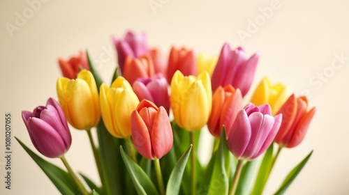 A vibrant bouquet of tulips in various colors arranged artistically on a light background, capturing the essence of springtime beauty and freshness