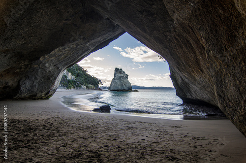 Cathedral Cove Beach, Te Hoho Rock through the grotto, Coromandel, New Zealand photo