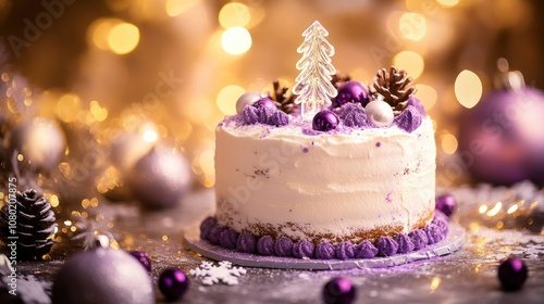 A festive cake decorated with purple frosting, pinecones, and a tree topper, set against bokeh lights.