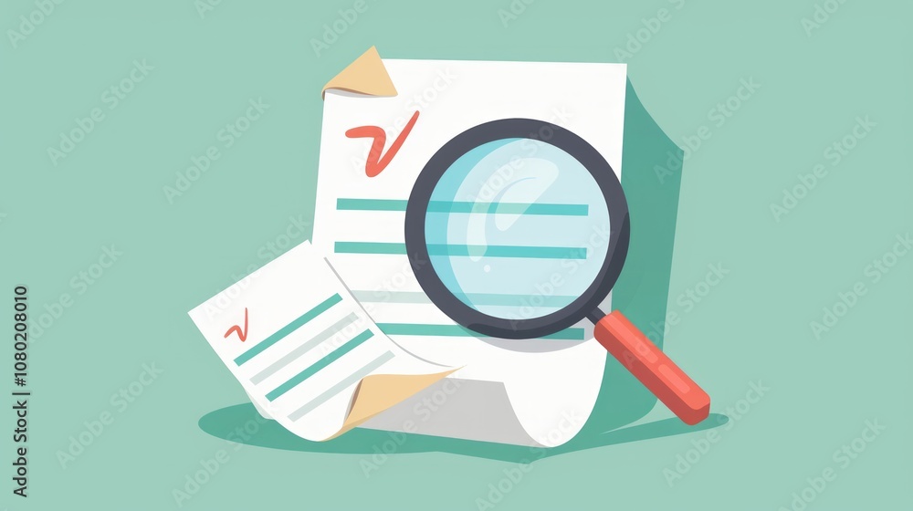 A blank document with a magnifying glass, indicating inspection or analysis. Cartoonish stylized look A blank document with a magnifying glass, indicating inspection or analysis. Cartoonish stylized look