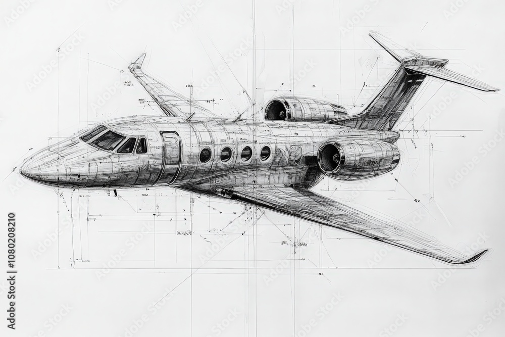 A detailed technical sketch outlines the design of a private jet, showcasing intricate measurements and annotations for engineering purposes. A detailed technical sketch outlines the design of a private jet, showcasing intricate measurements and annotations for engineering purposes.