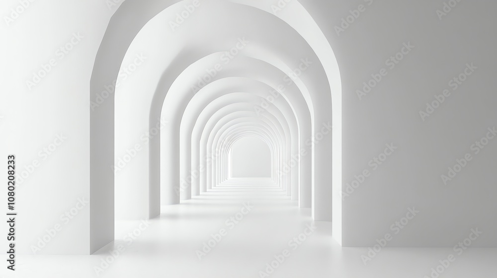 A long, white hallway with arches receding into the distance. A long, white hallway with arches receding into the distance.