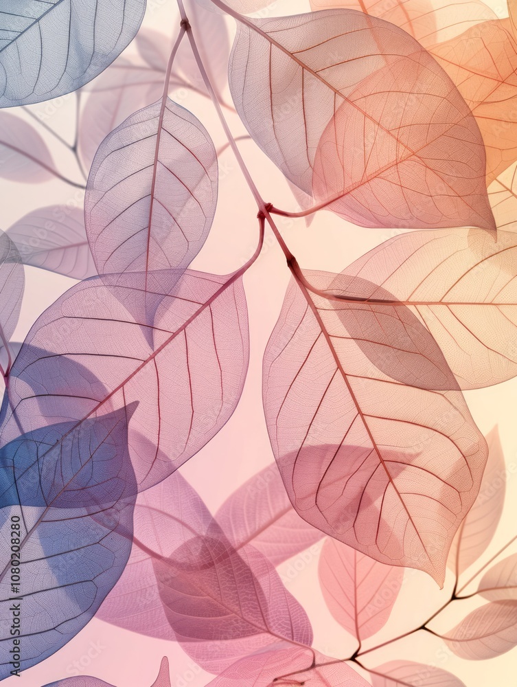 The design has a light and airy feel, with leaves overlapping each other and a pastel color palette. The design has a light and airy feel, with leaves overlapping each other and a pastel color palette.