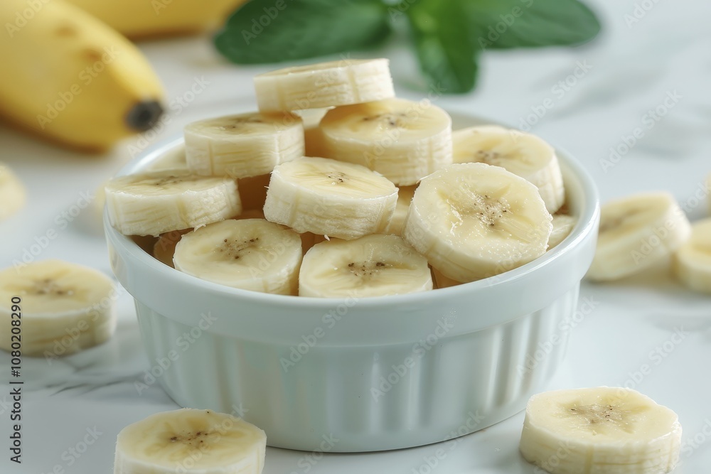 A bowl of sliced bananas is on a white table A bowl of sliced bananas is on a white table