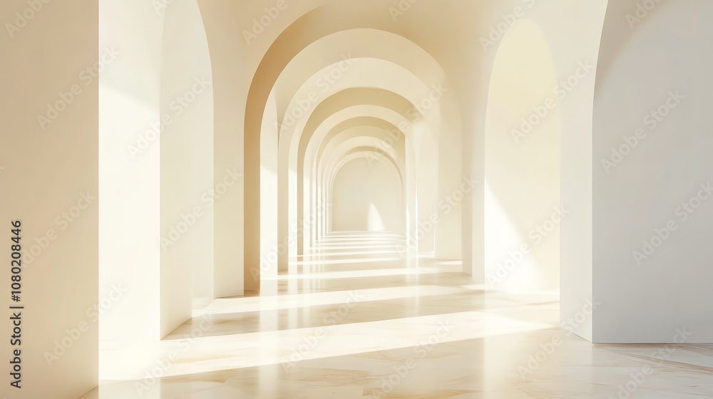 A long hallway with arches receding into the distance, with a light beige color scheme. A long hallway with arches receding into the distance, with a light beige color scheme.