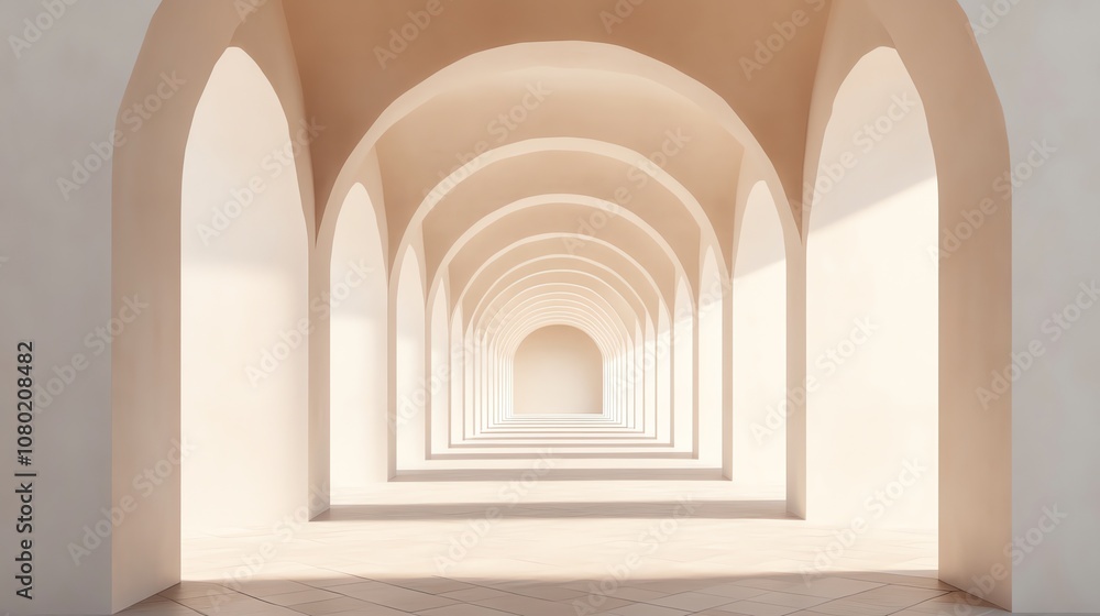 Fototapeta premium A long hallway with arches receding into the distance, with a light beige color scheme.