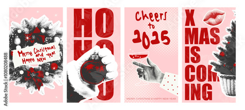 A set of retro-inspired Christmas and New Year stories for social media. Features bold typography, festive icons, and red and pink hues. Perfect for holiday greetings, promotions, and seasonal posts.