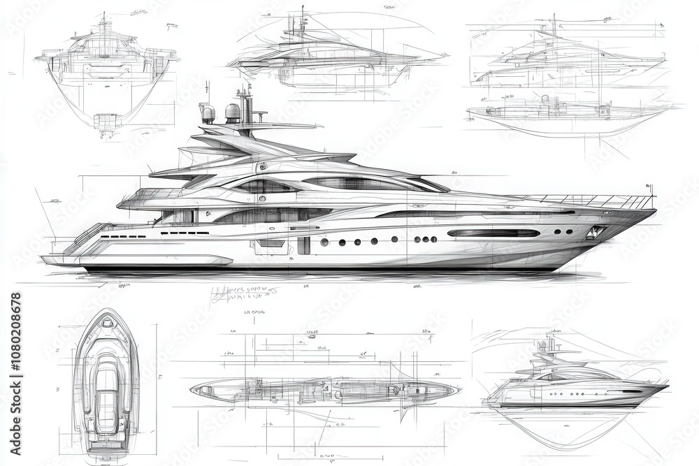 Obraz premium The drawing illustrates a detailed technical sketch of a luxury yacht, highlighting its elegant features and intricate design elements from multiple perspectives.