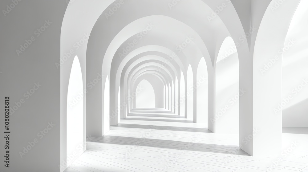 A long, white hallway with arches receding into the distance. A long, white hallway with arches receding into the distance.