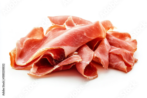 Slices of prosciutto crudo isolated on white background. Thin slices of Italian dry-cured ham