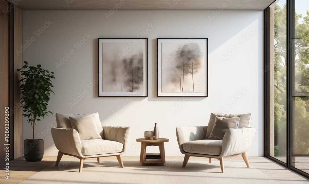 Fototapeta premium Minimalist Living Room Interior Design with Two Armchairs and Artwork