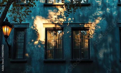 Serene Evening Scene with Warm Lantern Light on Blue Wall, Illuminating Windows and Tree Shadows in a Charming Urban Setting at Dusk