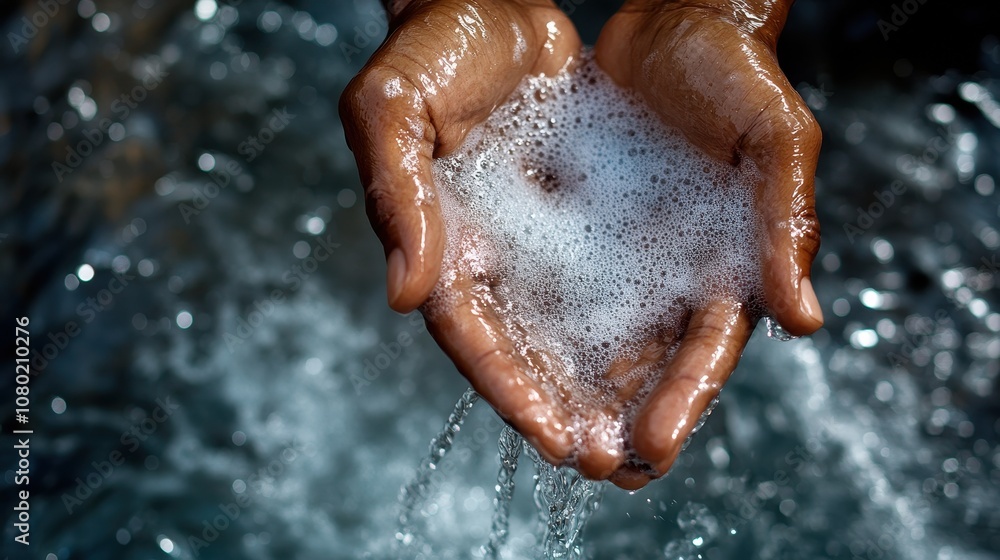 Fototapeta premium Close-up of a Pair of Hands Gently Scrubbing with Soap, Creating Bubbles While Standing Above a Flowing Water Surface, Capturing the Essence of Cleanliness and Hygiene