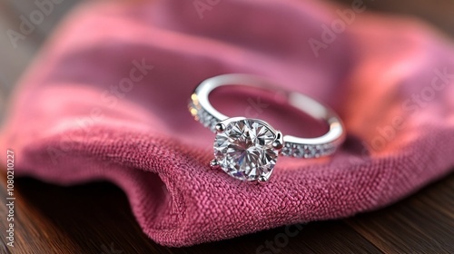 A diamond ring is on a pink cloth