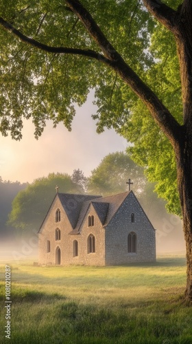 A serene church in a misty landscape, surrounded by lush trees at dawn.