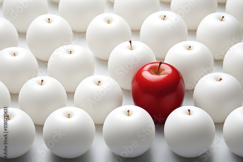 A vibrant red apple stands out among a sea of glossy white orbs on a smooth surface. Generative AI