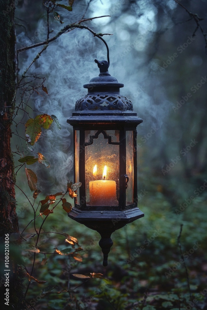 An antique lantern with a candle inside, in a quiet forest at dawn. An antique lantern with a candle inside, in a quiet forest at dawn.