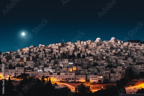 A moonlit night over a vibrant hillside neighborhood bathed in city lights. Generative AI photo