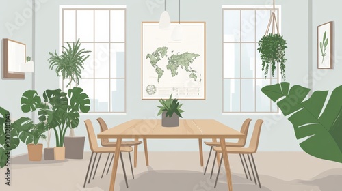 Stylish and botany interior of dining room with design modern home decor. Template.