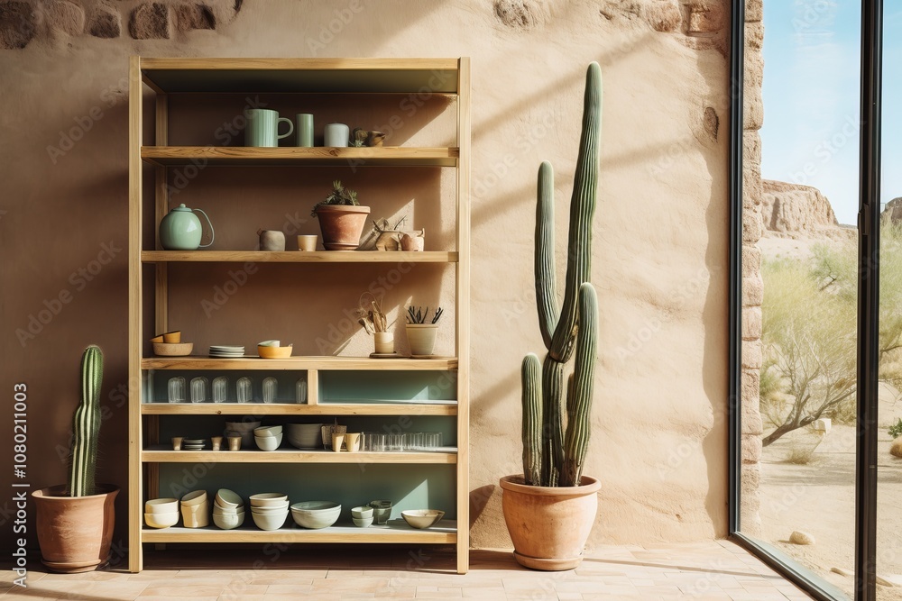 A rustic shelf adorned with pottery and succulents in a sunlit desert home. Generative AI A rustic shelf adorned with pottery and succulents in a sunlit desert home. Generative AI
