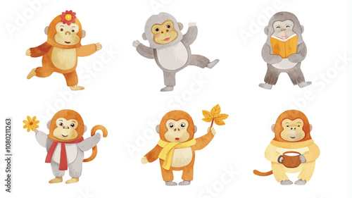 Monkey character set. Vector illustration of a cartoon monkey character.