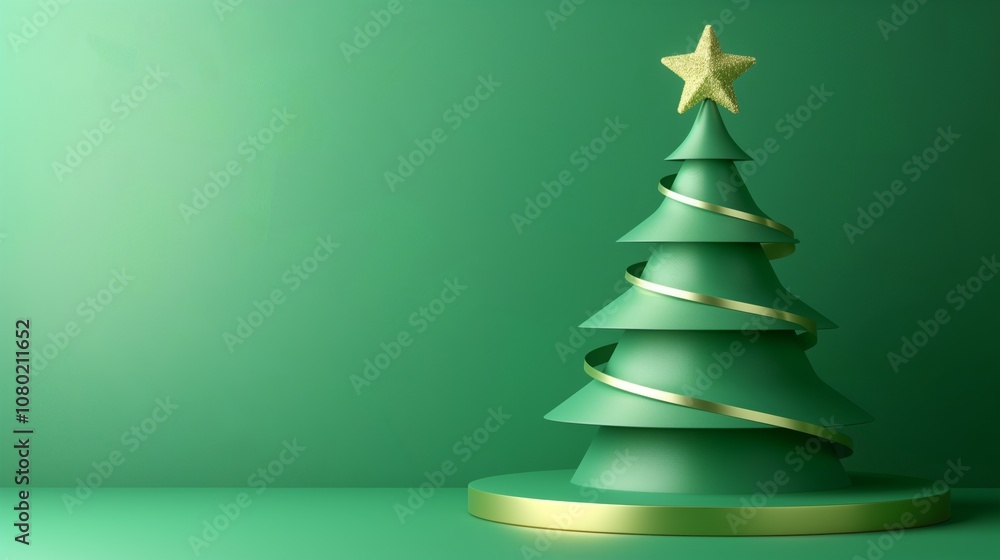 Stylish minimalist Christmas tree with golden ribbons on a green background, featuring a golden star on top. Stylish minimalist Christmas tree with golden ribbons on a green background, featuring a golden star on top.