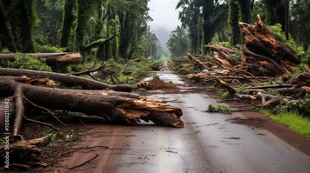 Ravaged forest road covered in fallen trees after a fierce storm event. Generative AI Ravaged forest road covered in fallen trees after a fierce storm event. Generative AI