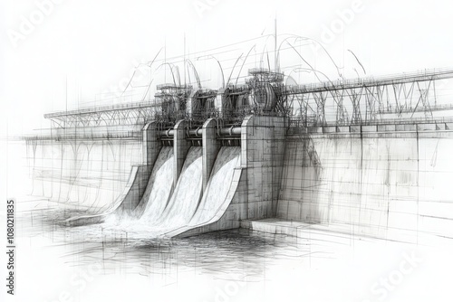 The technical sketch illustrates the design of a hydroelectric dam, highlighting its structural components and water flow systems. This drawing captures key engineering features in detail. photo