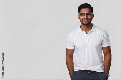 Confident young indian man in a white polo shirt and dark trousers, standing casually with hands in pockets against a neutral background. Ideal for themes of modern lifestyle, professionalism.