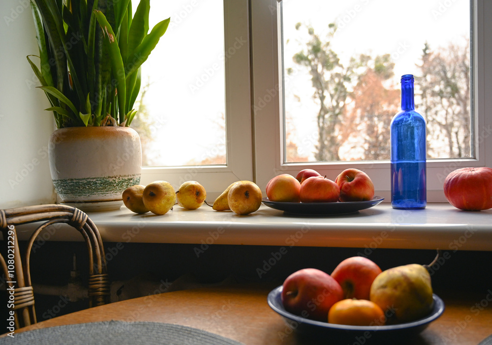 fruits on the windowsill apples and pears fruits on the windowsill apples and pears