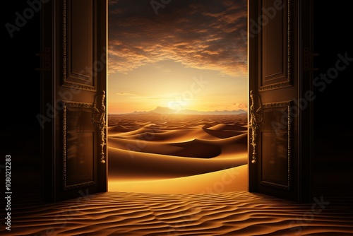 An open door reveals a breathtaking desert landscape at sunset's golden hour. Generative AI