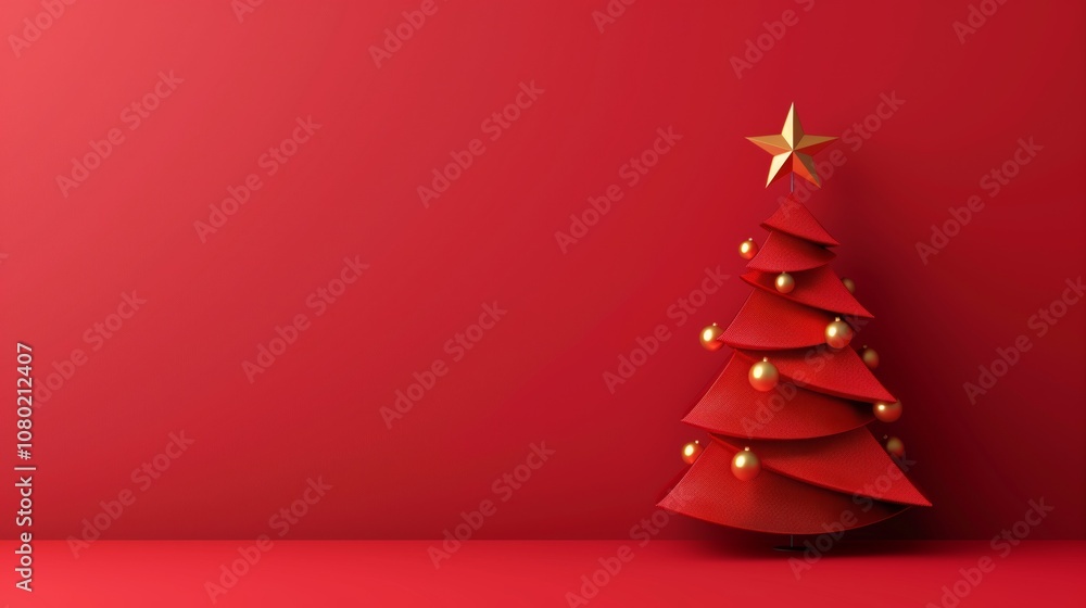 A stylized red Christmas tree adorned with golden balls and a star on top, set against a red background. A stylized red Christmas tree adorned with golden balls and a star on top, set against a red background.