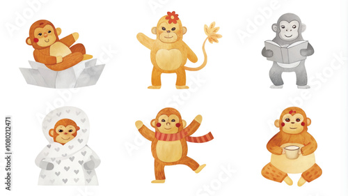 Cute monkey character set. Hand drawn vector illustration isolated on white background.