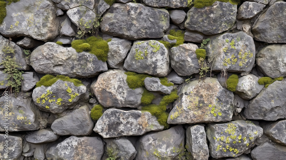 Natural stone wall covered with moss and lichen in a serene outdoor setting during daylight hours. Natural stone wall covered with moss and lichen in a serene outdoor setting during daylight hours.