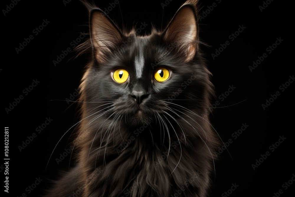Elegant black cat with striking yellow eyes against a dark backdrop. Generative AI Elegant black cat with striking yellow eyes against a dark backdrop. Generative AI