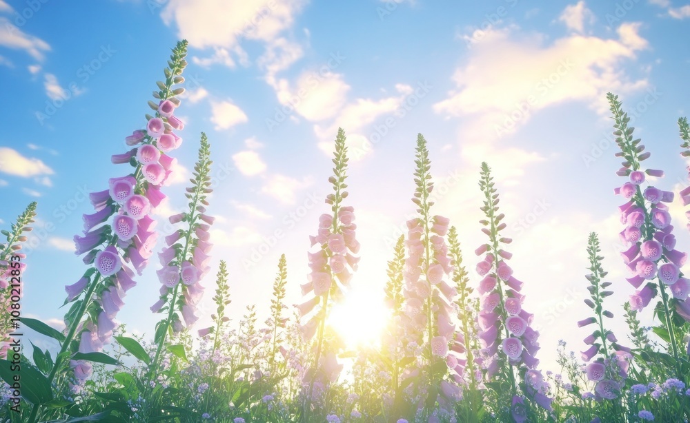 A vibrant field of foxglove flowers illuminated by a sunrise against a blue sky. A vibrant field of foxglove flowers illuminated by a sunrise against a blue sky.