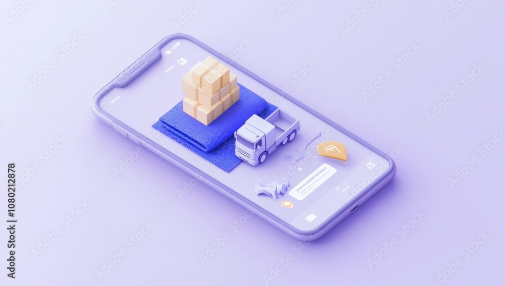 A smartphone displaying a delivery app with packages and a truck, emphasizing logistics. A smartphone displaying a delivery app with packages and a truck, emphasizing logistics.