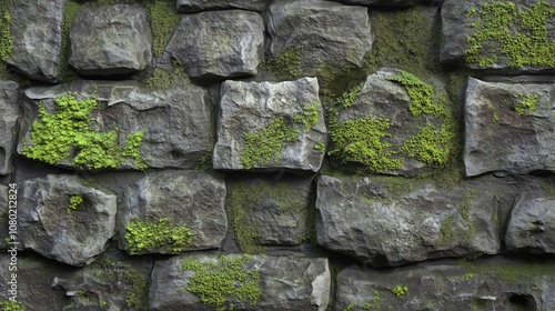 Detailed view of an ancient stone wall covered in moss, showcasing weathered rocks and vibrant green lichen in an outdoor setting.