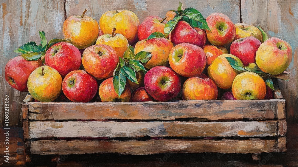 Apples in a rustic market crate, piled high with vibrant colors and green leaves Apples in a rustic market crate, piled high with vibrant colors and green leaves