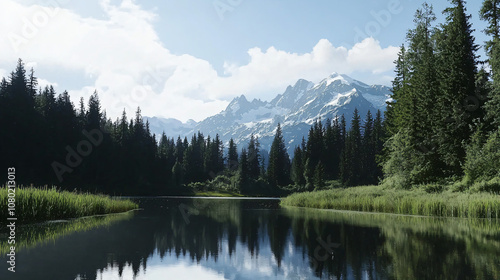 a stunning, panoramic view of a mountain landscape, with towering peaks, lush forests, and a serene lake