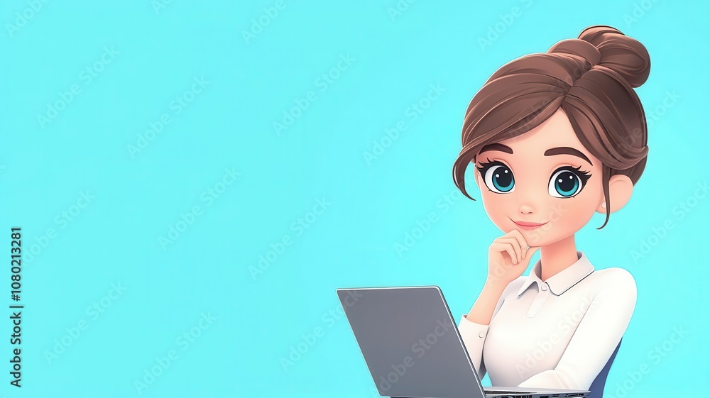 Animated character girl in professional clothes, laptop open, hands on chin, office background, thoughtful concept Animated character girl in professional clothes, laptop open, hands on chin, office background, thoughtful concept