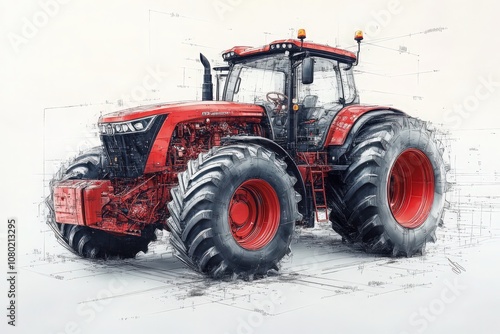 A detailed technical sketch of a modern tractor highlights its innovative design and engineering features, illustrating key components and structure for agricultural use.