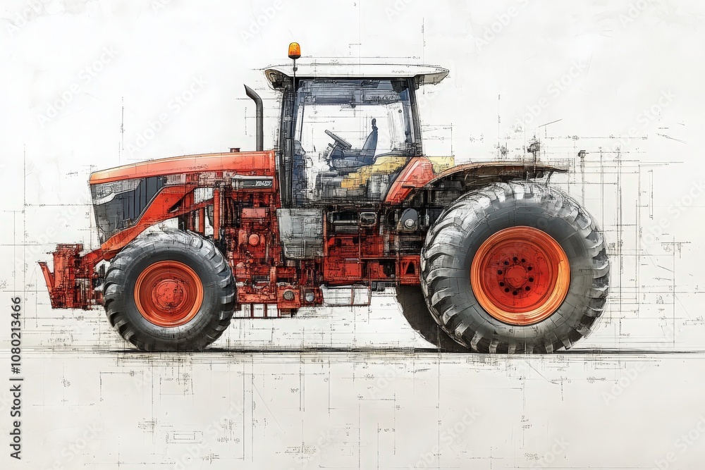 A detailed technical sketch illustrates a modern tractor, highlighting its design, features, and components. The drawing captures the intricate elements and functionality of the machinery. A detailed technical sketch illustrates a modern tractor, highlighting its design, features, and components. The drawing captures the intricate elements and functionality of the machinery.