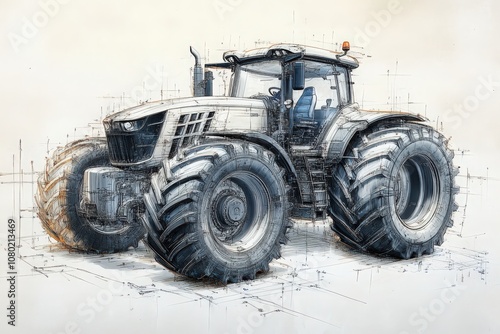 This technical sketch presents a modern tractor with detailed lines and dimensions, emphasizing its robust design and functional features essential for agricultural activities. photo