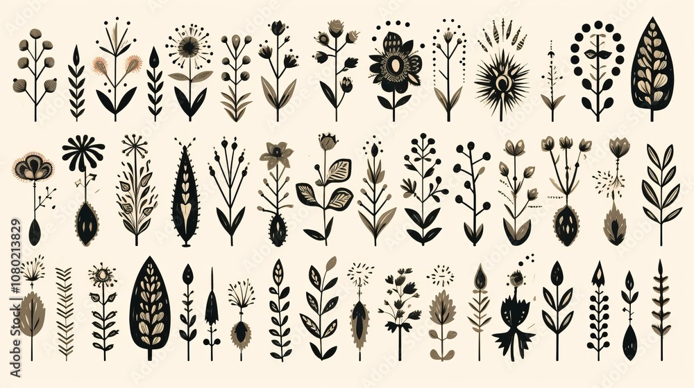 A captivating arrangement of black and white floral designs on a neutral backdrop. Generative AI A captivating arrangement of black and white floral designs on a neutral backdrop. Generative AI