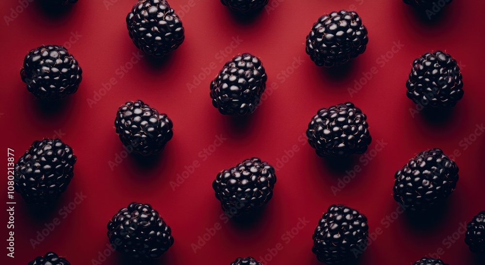 A flat lay of blackberries on a red background, showcasing their texture and color. A flat lay of blackberries on a red background, showcasing their texture and color.