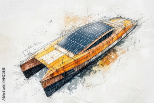 A detailed technical sketch illustrates the design of a solar-powered boat, featuring solar panels on the top and a sleek, modern hull. This concept emphasizes sustainable marine transportation. photo