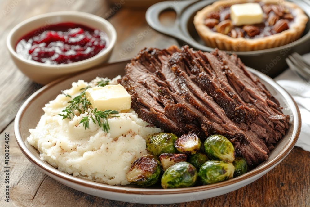 A hearty meal featuring sliced beef brisket, mashed potatoes, Brussels sprouts, and pie. A hearty meal featuring sliced beef brisket, mashed potatoes, Brussels sprouts, and pie.